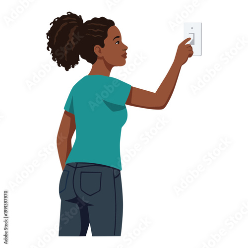 Woman turning on a light switch indoors with her right hand