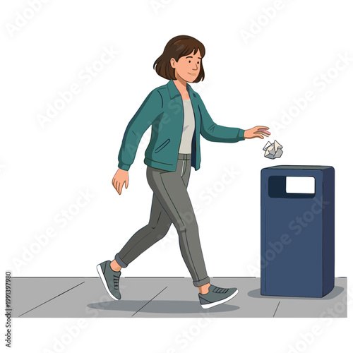 Woman throwing trash into a bin on the sidewalk.