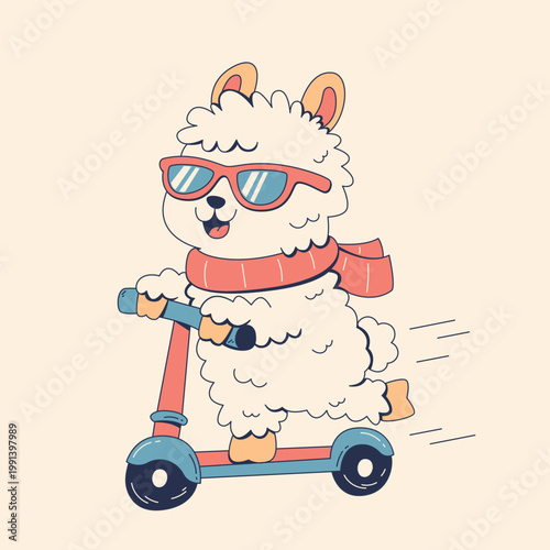Cute Alpaca Riding Scooter – Funny Cartoon Animal Vector Illustration