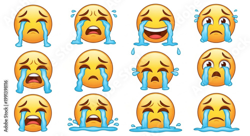 Collection of Crying and Laughing Emoji Faces Expressing Emotions.