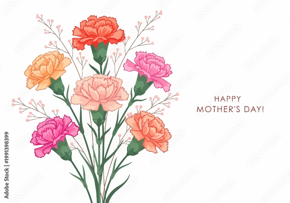 Obraz premium Happy Mother's Day Greeting Card Illustration with Colorful Carnation Flowers Bouquet and Baby's Breath on White Background