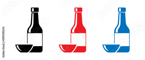 Three bottles with bowls icons in black, red, and blue colors