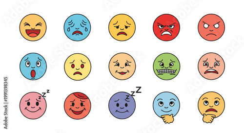 Collection of diverse cartoon emoji faces expressing various emotions and feelings.