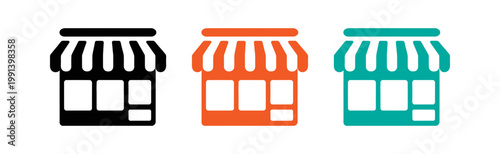 Three store icons in black, orange, and teal colors with awnings