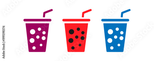 Colorful soda cup icons with straws and bubbles