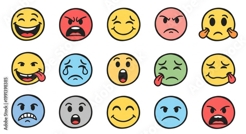 Collection of diverse cartoon emoticons expressing various emotions and feelings.