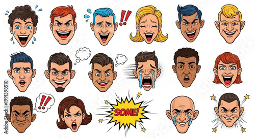 Collection of Diverse Cartoon Faces Expressing Various Emotions.