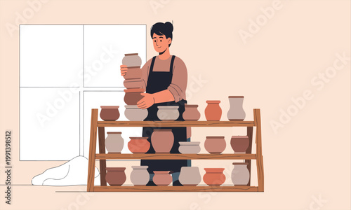 A woman is organizing handmade clay pots on wooden shelves in a pottery workspace