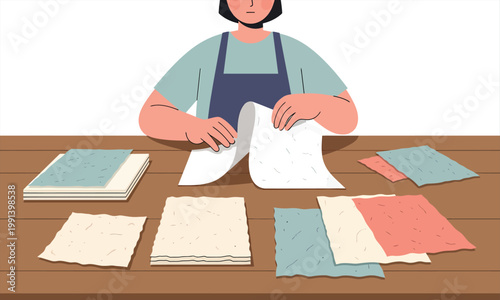 Woman Making Handmade Paper Sheets on a Table