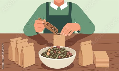 Filling Herbal Tea Blend into Kraft Paper Bags by Hand