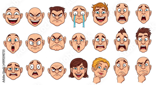 Collection of Diverse Cartoon Faces Expressing Various Emotions.