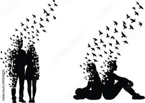 Conceptual Silhouette Illustration of Couples Transforming into Flying Birds Representing Freedom, Emotional Transition, Spiritual Connection, and Human Soul Departure for Artistic Creative Projects