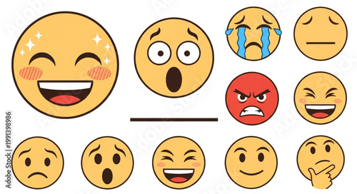 Collection of Diverse Emoji Faces Expressing Various Emotions.