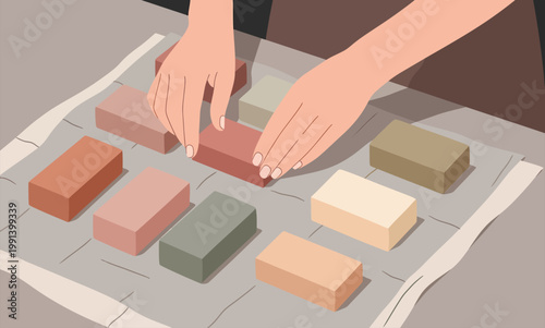 Hands arranging colorful handmade soap bars on a cloth surface