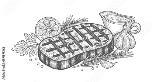 Grilled steak with lemon rosemary garlic and sauce food meat beef