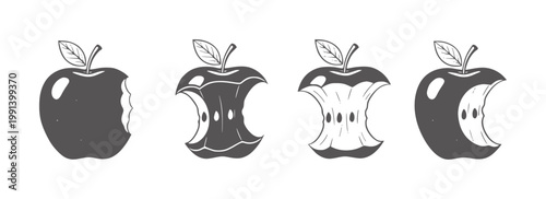 Four stylized dark gray apples showing stages of being eaten fruit food bite