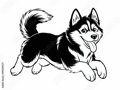 A cute black and white border collie dog sitting happily in a clean white studio background illustrated in simple vector style