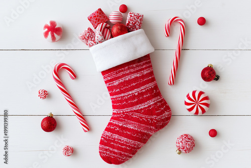 Flat Lay of Christmas Stocking with Gifts and Decorations