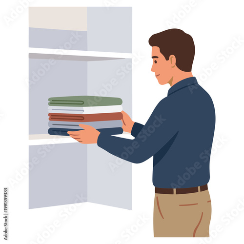 Man organizing books on shelf in home office storage space