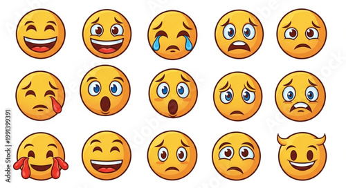 Collection of Diverse Emoji Faces Expressing Various Emotions.