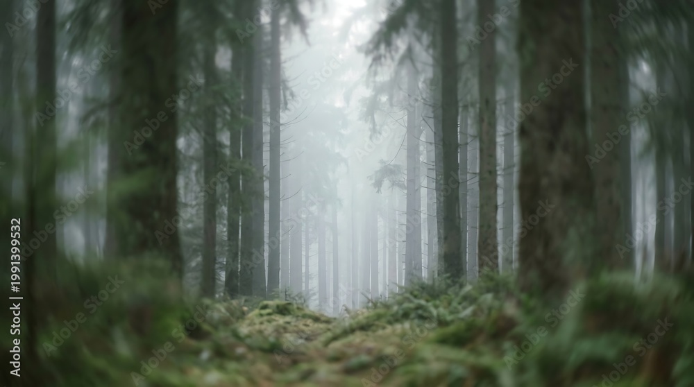 Fototapeta premium Misty Forest Path with Tall Green Trees and Soft Fog in Natural Wilderness