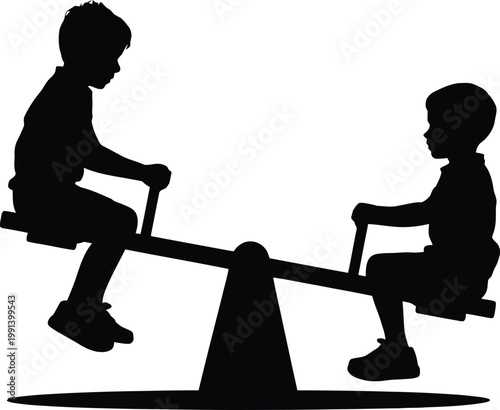 A boy and girl sit together on a playground seesaw.