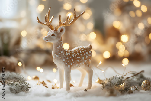 Christmas Reindeer Figurine with Snow and Lights