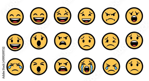 Collection of Diverse Emoji Faces Expressing Various Emotions.