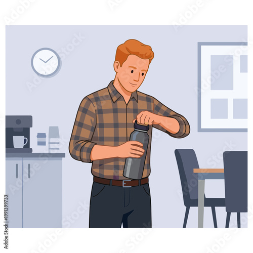 Man pouring coffee in office break room with table and chairs nearby