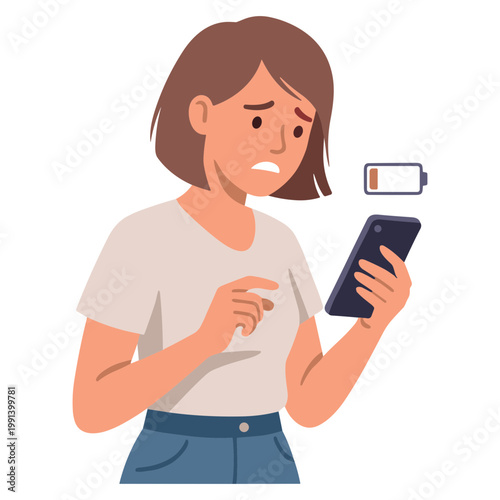 Woman worriedly checks her phone with a low battery icon above.