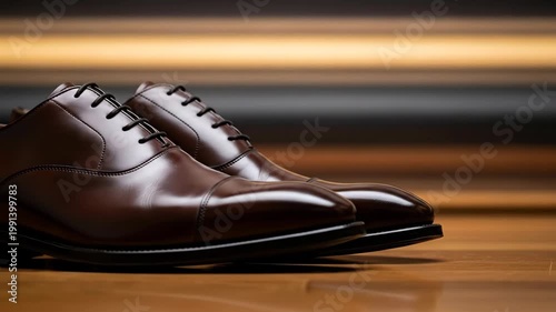 Classic brown leather oxford shoes displayed on a wooden floor indoors.
