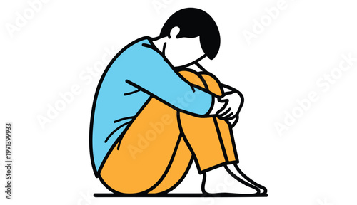 An illustration of a woman hugging her knees, withdrawn and overwhelmed by a harsh reality