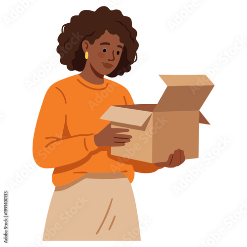 Woman excitedly opens a cardboard box while standing indoors with a surprised expression.