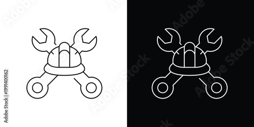 Industrial Safety and Mechanical Engineering Icon Hard Hat with Crossed Wrenches Line Art Illustration