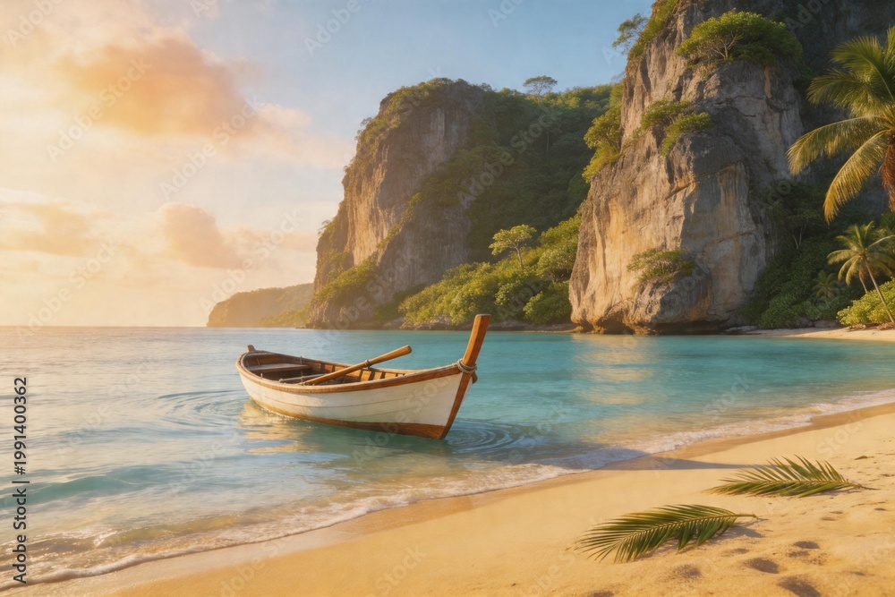 Obraz premium Tropical beach with wooden boat and limestone cliffs at sunset