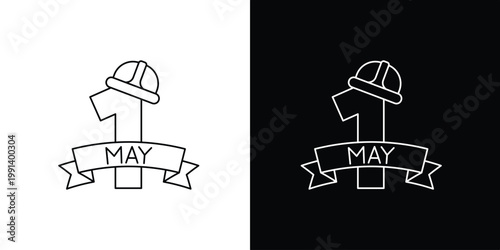 Line art vector icon for International Workers' Day, May 1st. Hard hat on numeral one with 'MAY' banner, symbolizing global labor rights