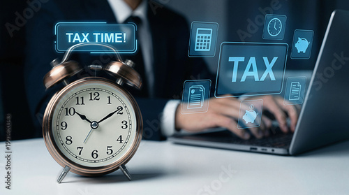 Modern Tax Time Holograms Alarm Clock and Professional Working on Laptop