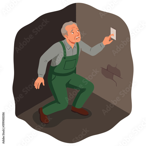 An elderly man cautiously enters a dimly lit room holding a flashlight.