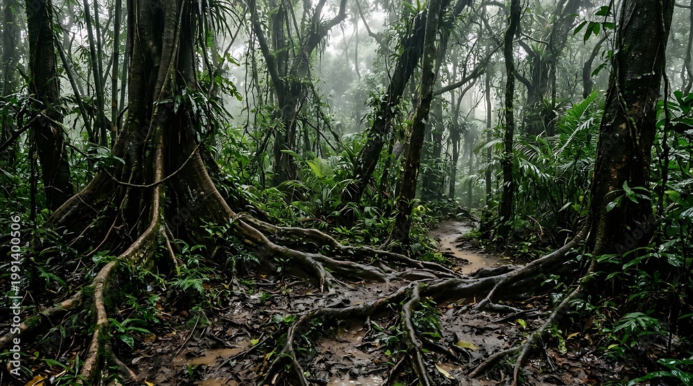 Fototapeta premium Lush Tropical Rainforest Pathway with Dense Vegetation and Wet Soil