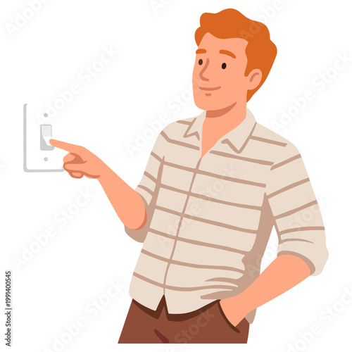 Man pointing at a light switch on the wall indoors.
