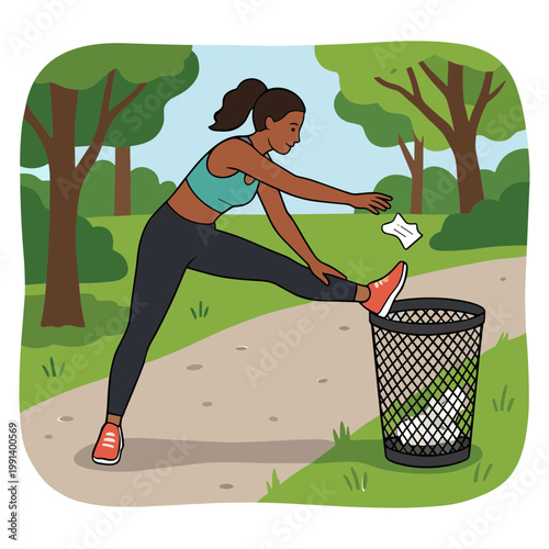 Woman throws trash into a park waste bin while exercising outdoors