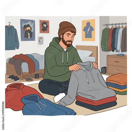 Man folding clothes on floor of cluttered bedroom with sweatshirts