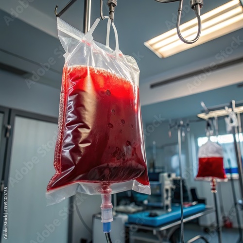 Medical blood bag filled with vibrant red liquid hanging in hospital operating room equipment
