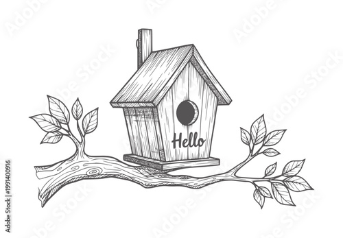 Hand drawn wooden birdhouse with hello text a tree branch