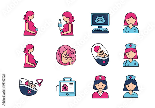 Pregnancy and Maternity Medical Icon Set Featuring Prenatal Care, Ultrasound, Fetus, and Healthcare Professional Flat Illustrations