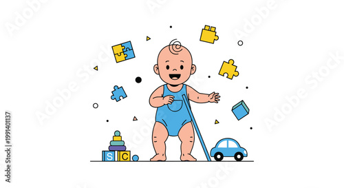 Happy baby in a blue romper stands among colorful toys including puzzle pieces, a toy car, and blocks in a nursery setting.