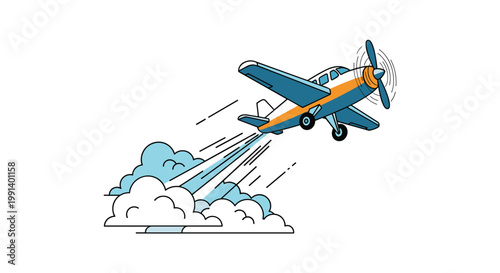 Small propeller airplane flies through blue and white clouds leaving a trail of speed lines in a clean vector illustration.