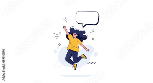 Joyful girl jumps into the air with a blank speech bubble and confetti around her to celebrate a happy moment or achievement.