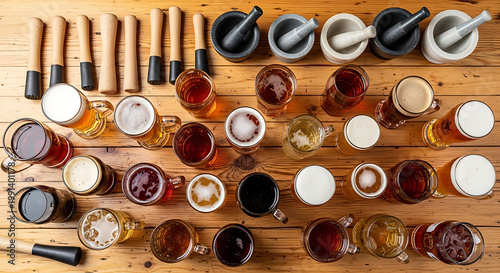Assorted craft beers and ales in glasses with mortars and pestles on wooden table for brewing and tasting