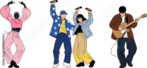 Music performance vector set with singers dancers and guitarist modern characters concert entertainment illustration collection